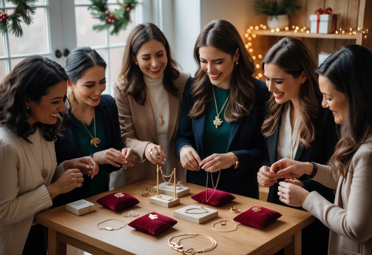A group of women educators gathered around a table looking at various pieces of jewelry in a cozy room decorated for the holidays.
